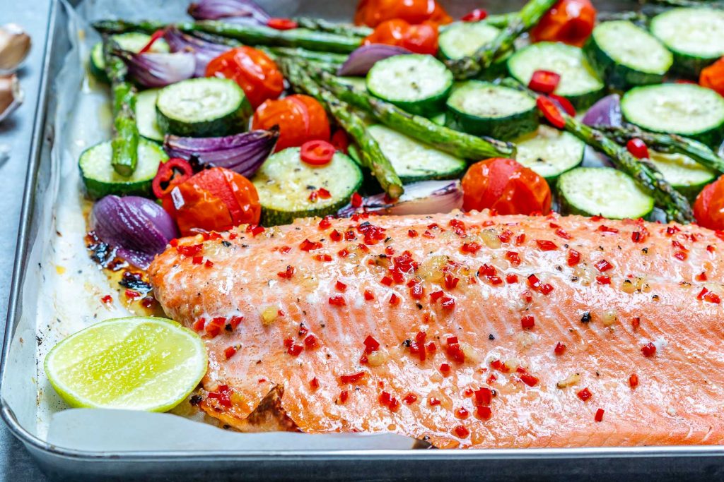 Eat Clean Sheet Pan Chili Lime Salmon + Veggies