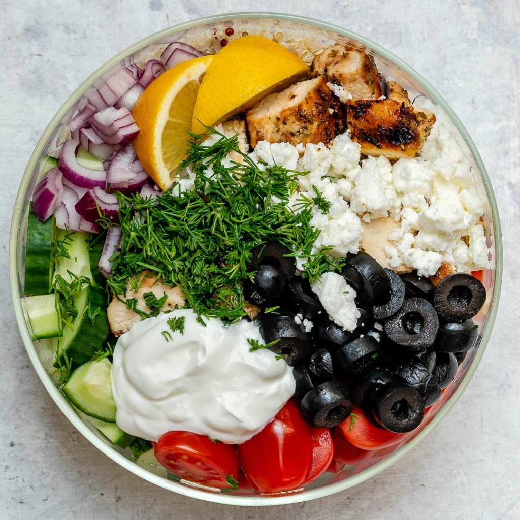 Clean Eating Greek Style Grilled Chicken Quinoa Bowl