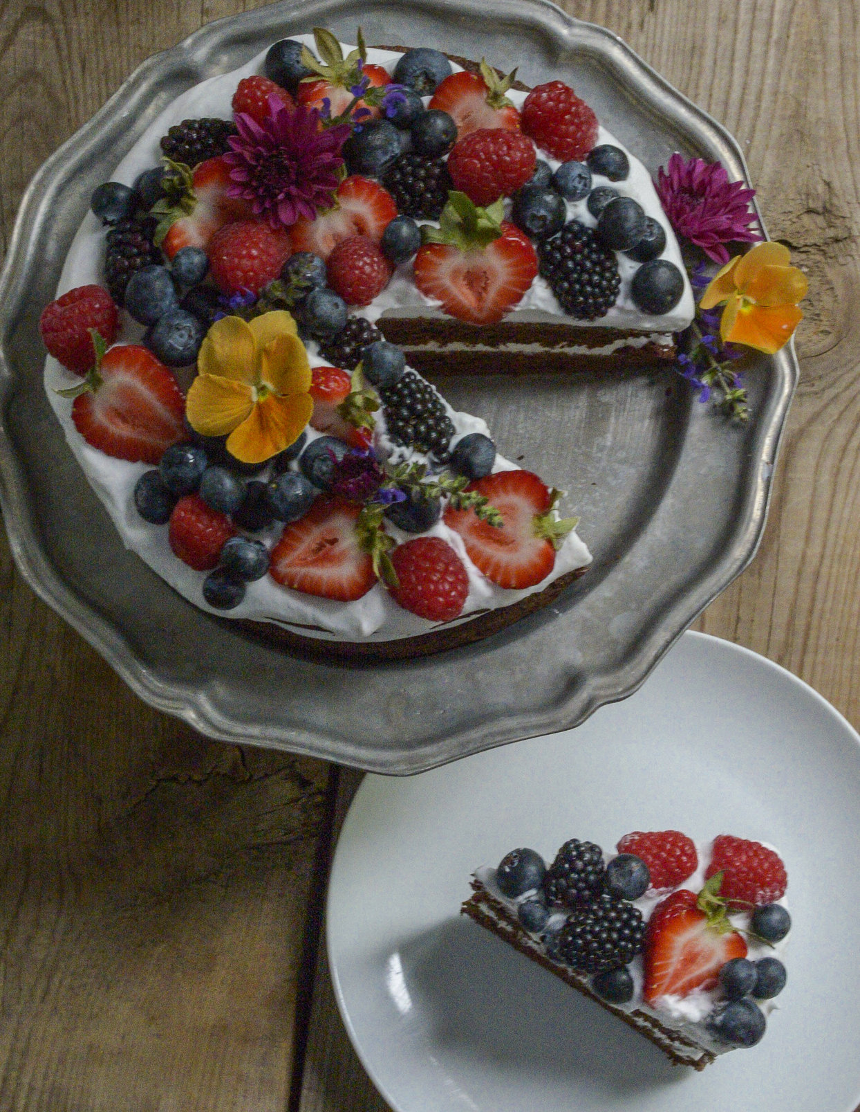Clean Dessert Chocolate Cake with Fruits and Berries