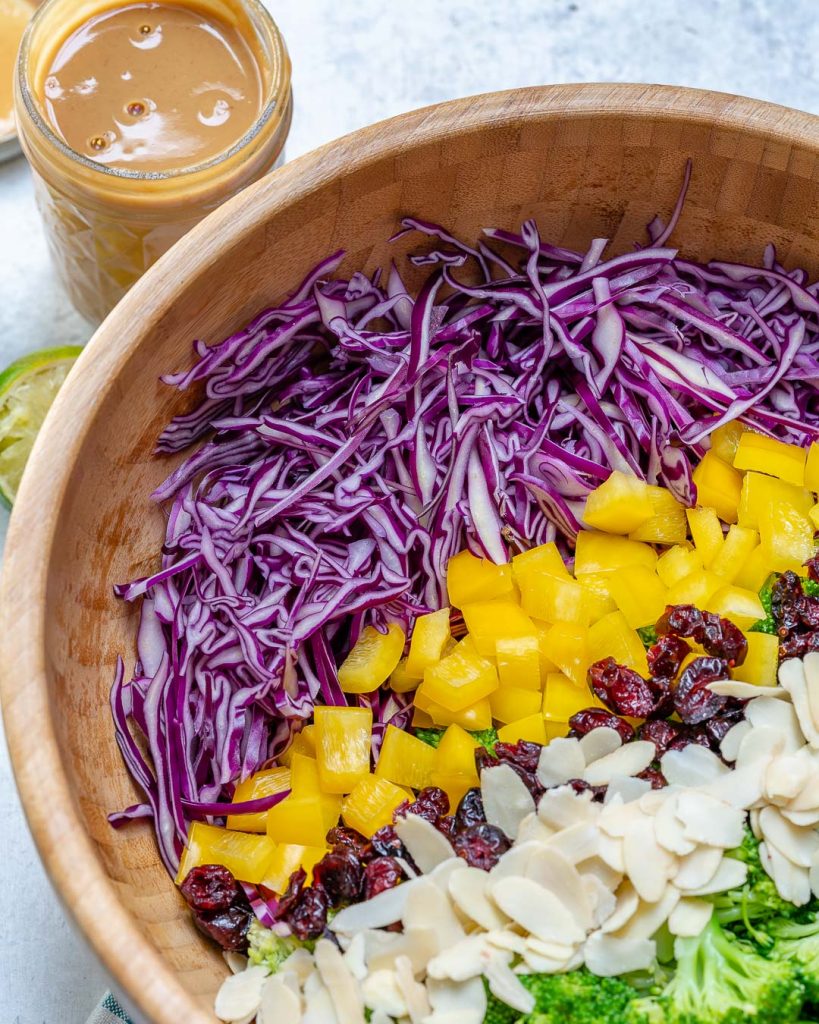 Broccoli + Red Cabbage Salad with Tangy PB Dressing for Clean Eating