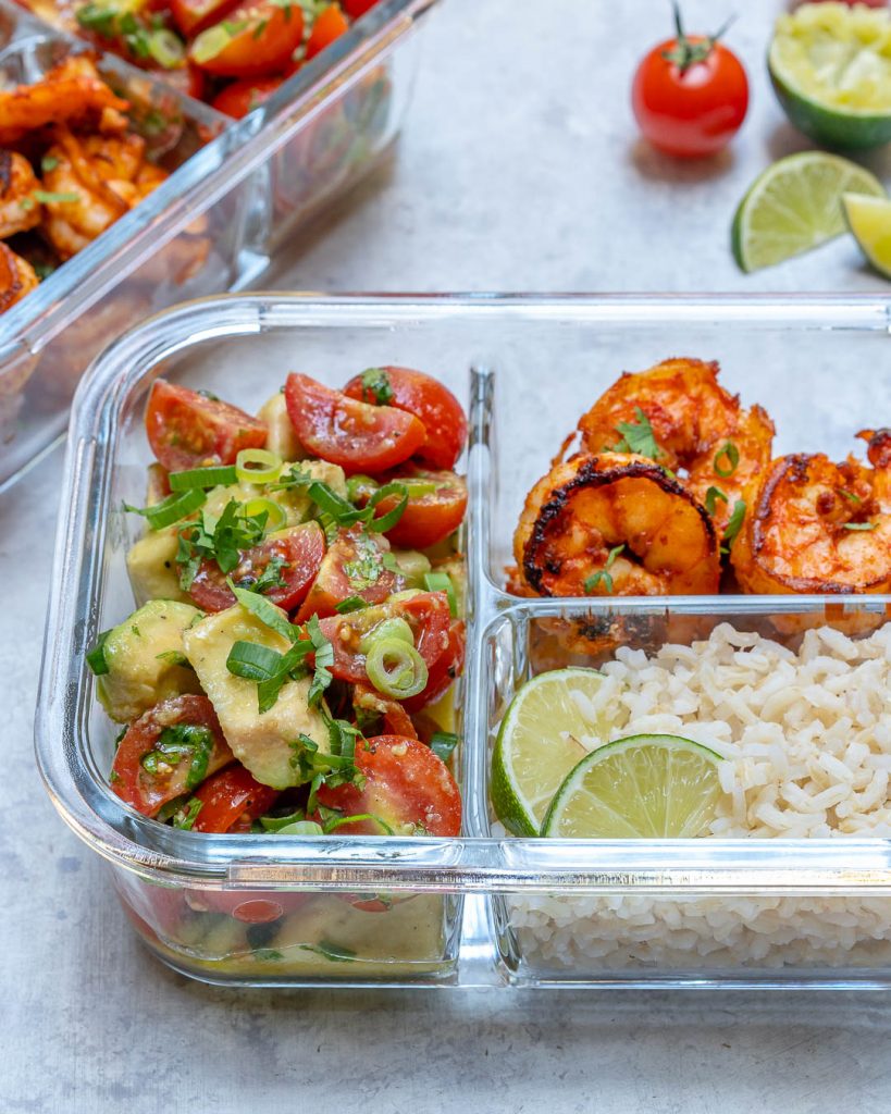 FAST BBQ Shrimp + Limey Avocado Salsa Meal Prep Bowls | Clean Food Crush