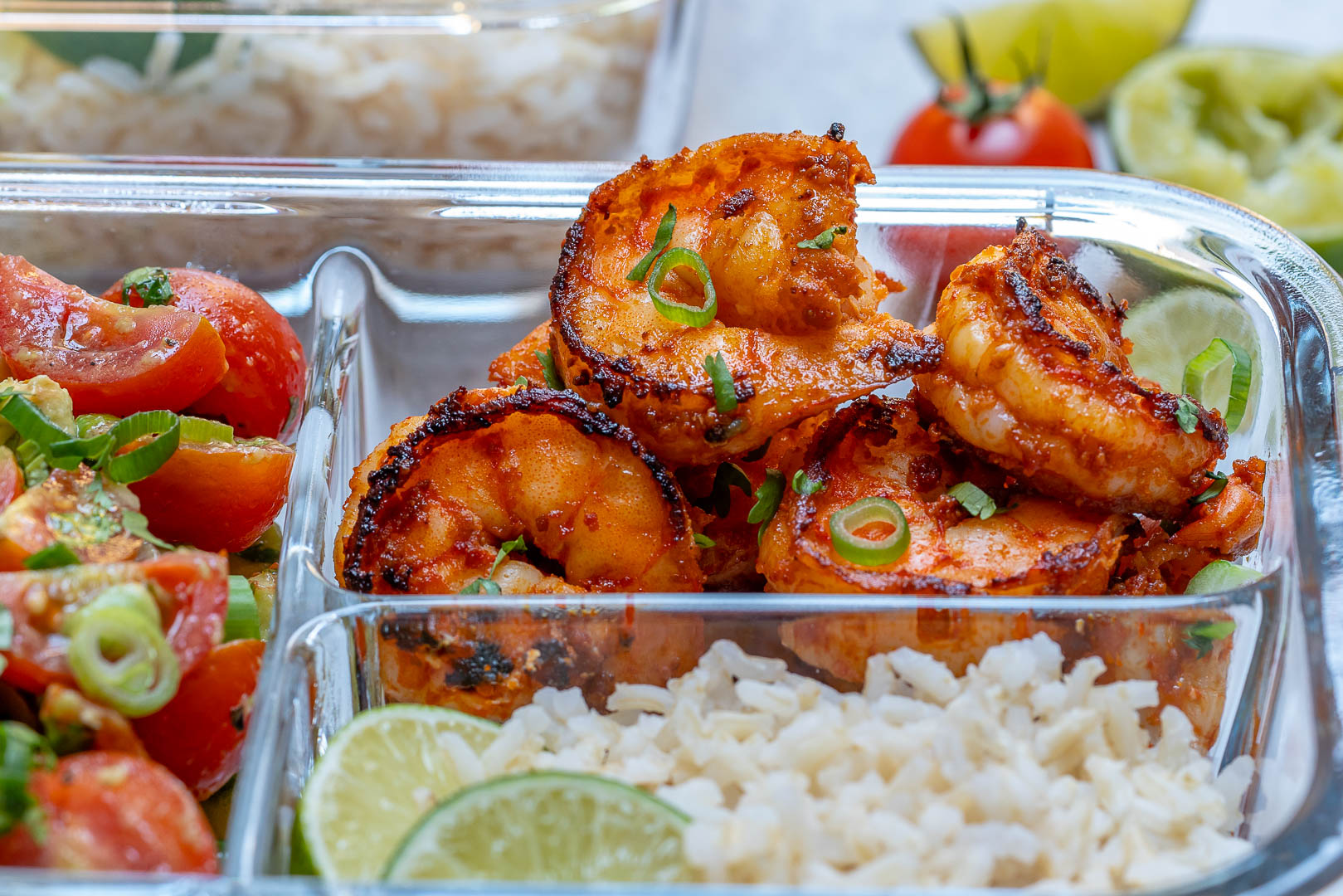 Clean Eats BBQ Shrimp + Limey Avocado Salsa Meal Prep Bowls