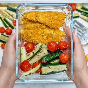 Clean Eats Crispy Sheet Pan Baked Chicken Strips and Zucchini Recipe