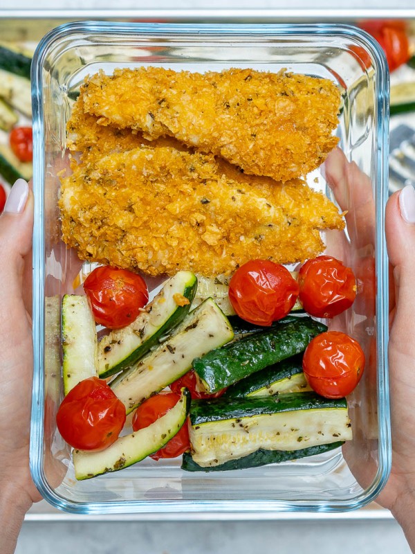 Clean Eats Crispy Sheet Pan Baked Chicken Strips and Zucchini Recipe
