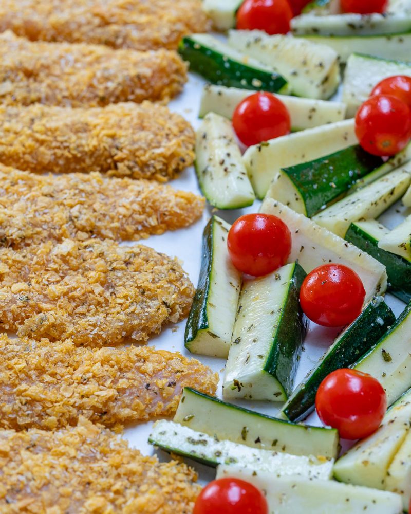 These Super Crispy Sheet Pan Baked Chicken Strips and Zucchini Came Out