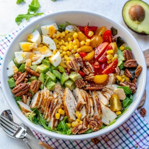 A bowl of Grilled Chicken Salad with Homemade Sweet Onion Dressing