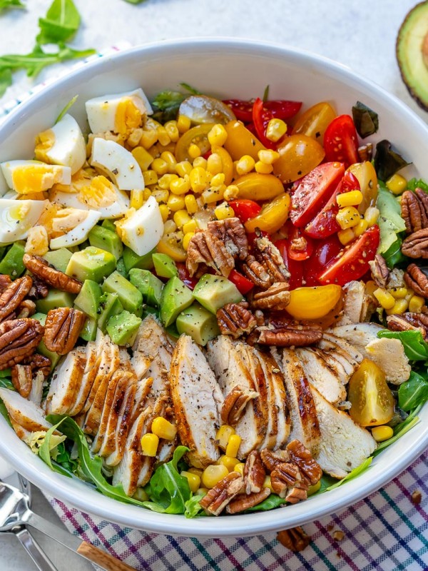 A bowl of Grilled Chicken Salad with Homemade Sweet Onion Dressing