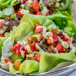 Tangy Grass-fed Beef Lettuce Wraps + Avocado Cilantro Cream Sauce Recipe