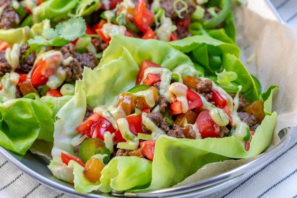 Tangy Grass-fed Beef Lettuce Wraps + Avocado Cilantro Cream Sauce
