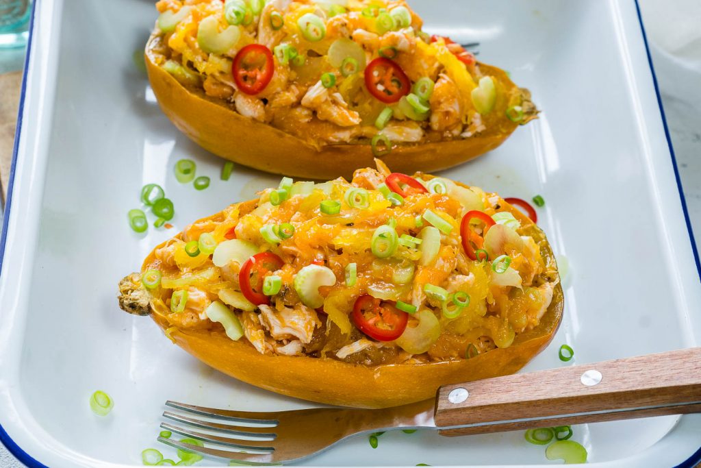 Buffalo Chicken Stuffed Spaghetti Squash Clean Eating Recipe