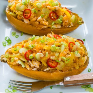 Buffalo Chicken Stuffed Spaghetti Squash Clean Eating Recipe