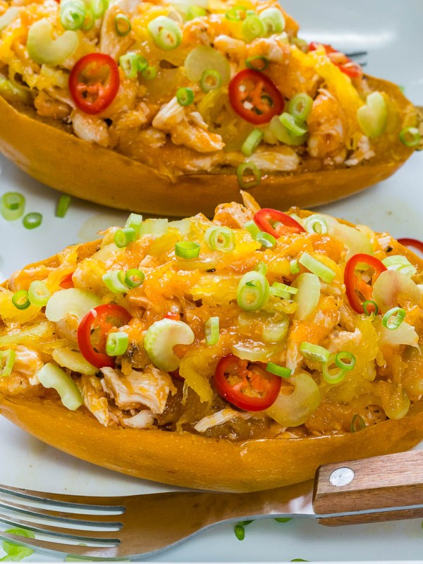 Buffalo Chicken Stuffed Spaghetti Squash Clean Eating Recipe