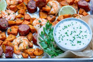 Clean Eats Sheet Pan Shrimp 'Boil' + homemade Ranch Sauce