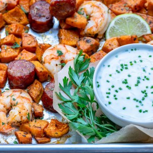 Clean Eats Sheet Pan Shrimp 'Boil' + homemade Ranch Sauce