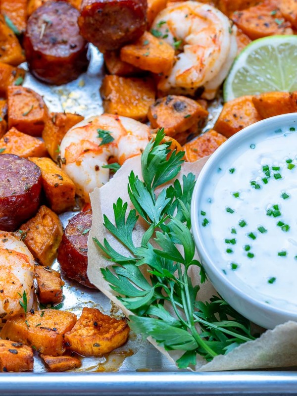 Clean Eats Sheet Pan Shrimp 'Boil' + homemade Ranch Sauce