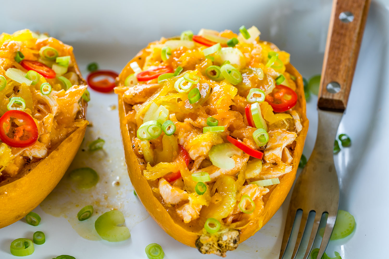 Eat Clean Buffalo Chicken Stuffed Spaghetti Squash