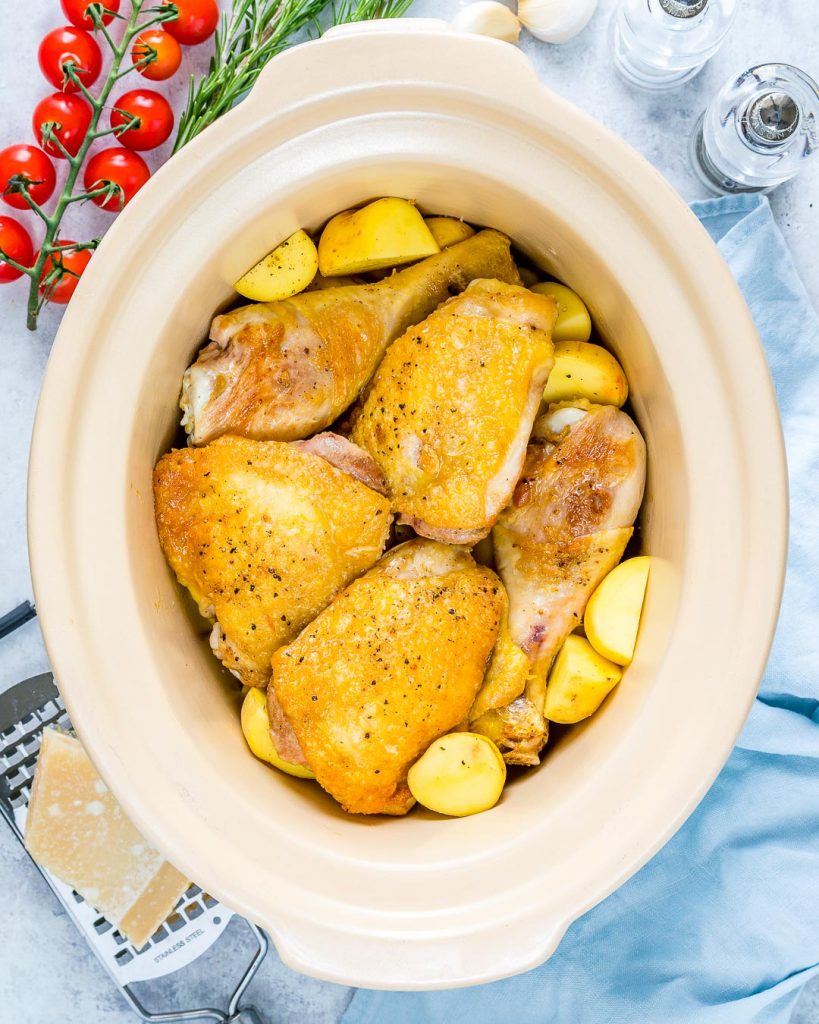 Slow Cooker Garlic Parmesan Chicken + New Potatoes for Clean Eats
