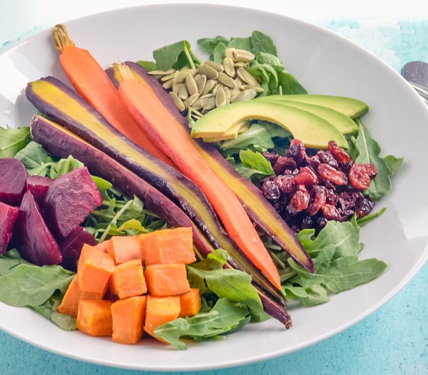 Clean Roasted Root Veggie Salad with Avocado and Homemade Creamy Garlic Dressing