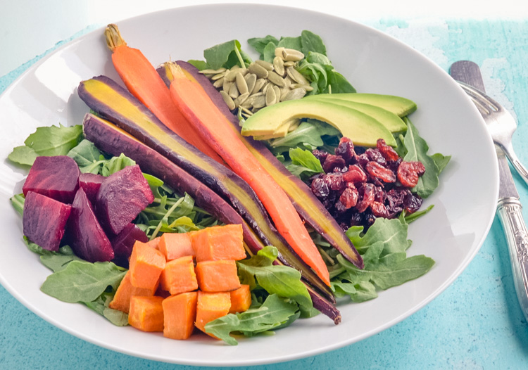 Clean Roasted Root Veggie Salad with Avocado and Homemade Creamy Garlic Dressing