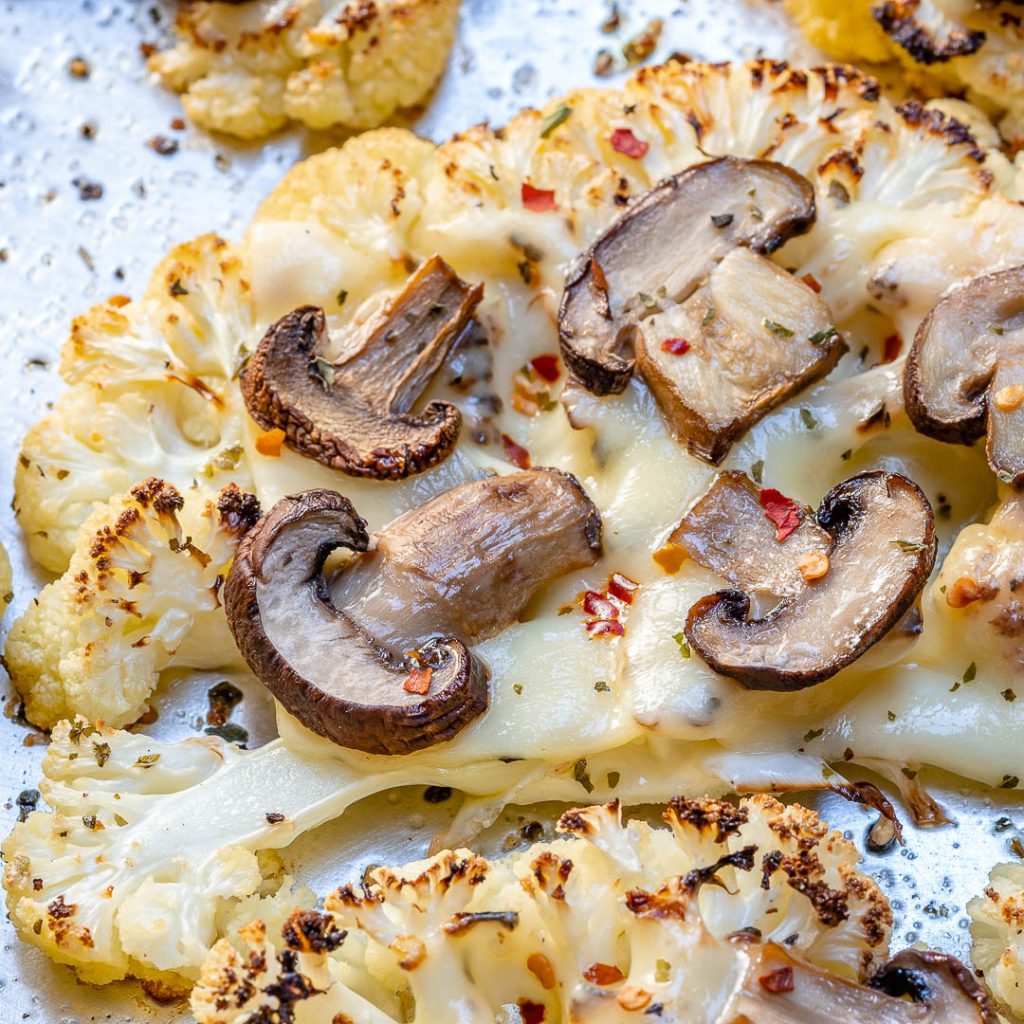 These Clean Eating Cheesy Cauliflower Mushroom Steaks are SERIOUSLY