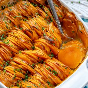 Savory sweet potato casserole in a baking dish.