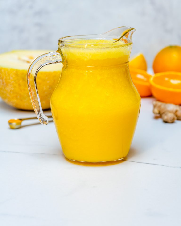 Rachel’s Healing Cantaloupe Orange Ginger Turmeric Juice to Beat the