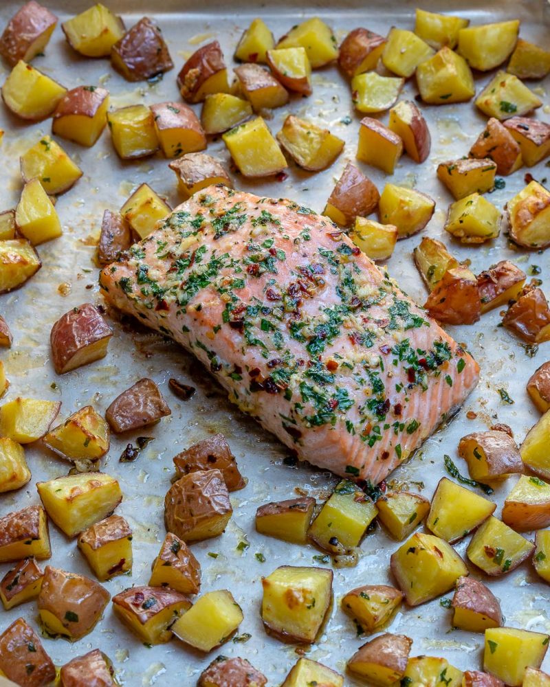 One Sheet-Pan Garlic Butter Salmon + Red Potatoes for Clean Meal Prep ...