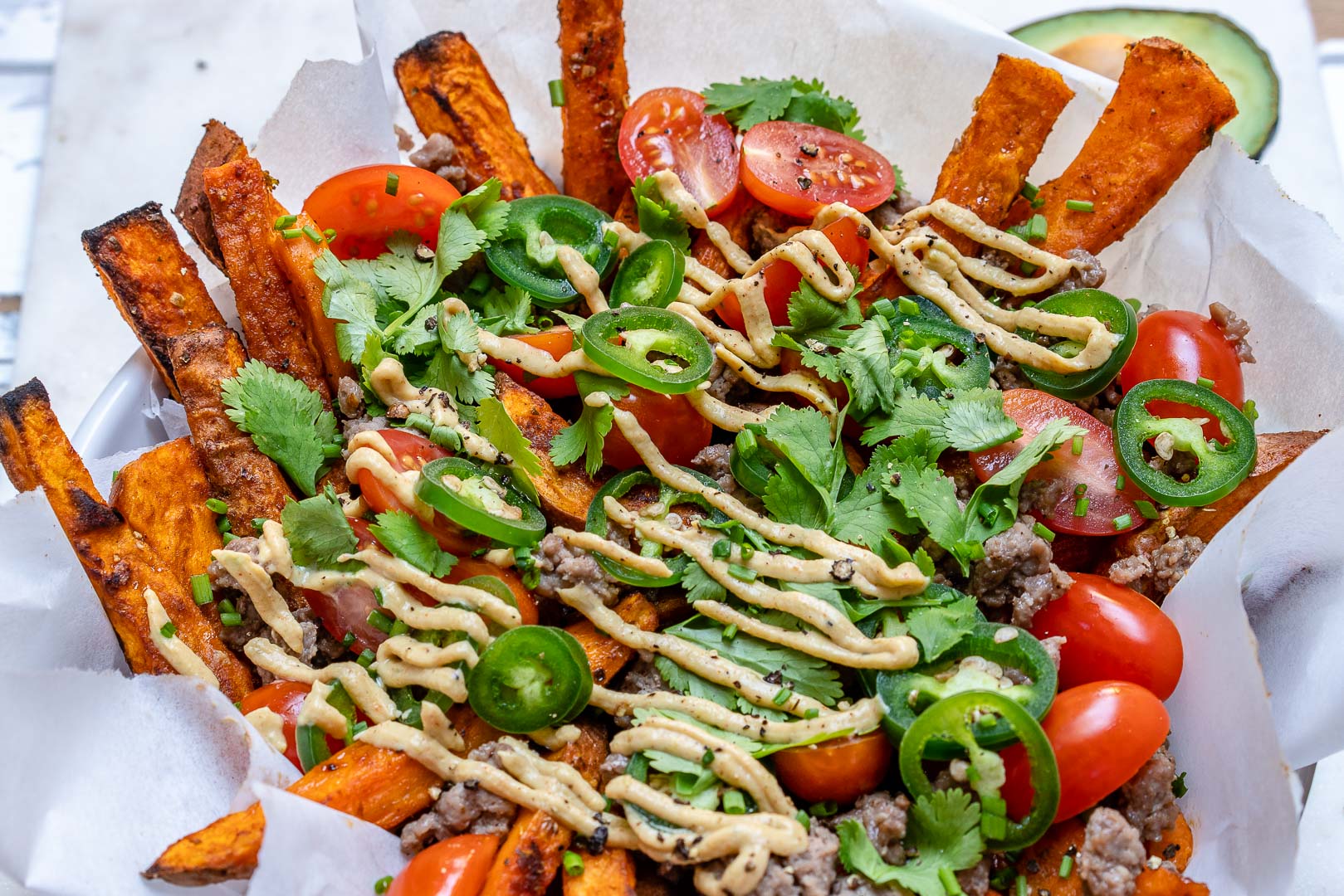 Loaded Sweet Potato Fries + Avocado Lime Crema