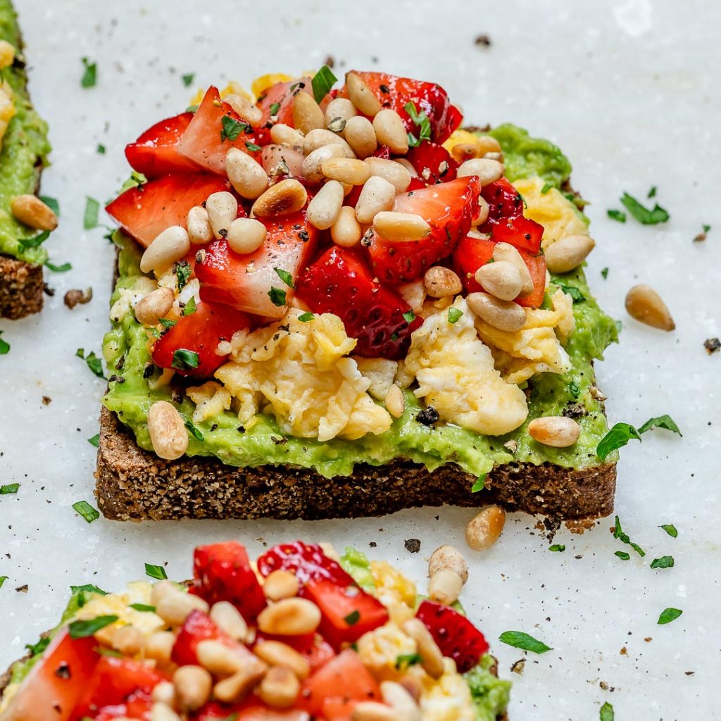 Strawberry avocado toast with Ezekiel bread.
