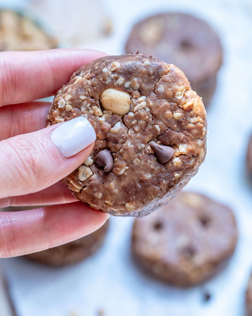 Peanut butter and chocolate chip no bake cookie dessert close up.