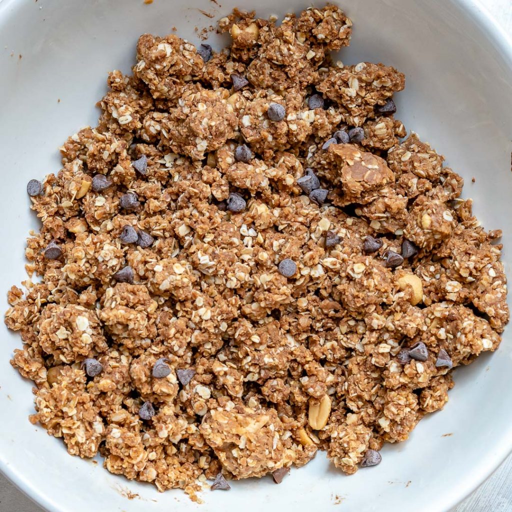 Chocolate chip peanut butter no bake cookie ingredients mixed to make a no bake snack.