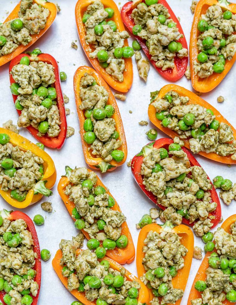 Pesto Chicken Stuffed Mini Peppers for a Quick Clean Eating Dinner Idea