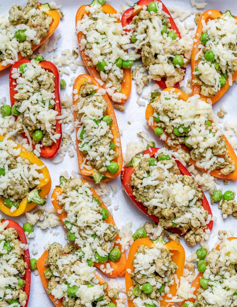 Pesto Chicken Stuffed Mini Peppers for a Quick Clean Eating Dinner Idea