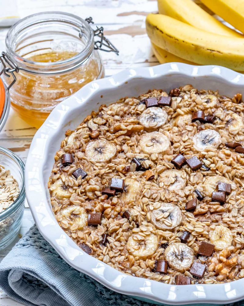 Chocolate Chip Banana Baked Oatmeal for Cozy Mornings! Clean Food Crush