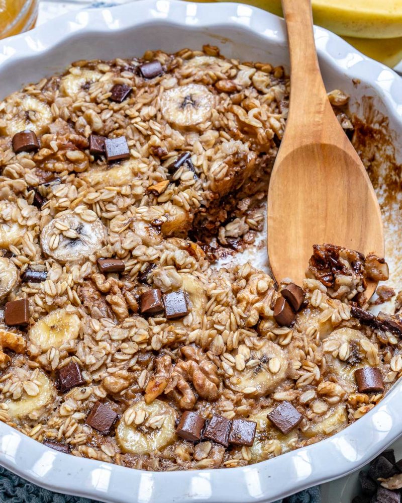 Chocolate Chip Banana Baked Oatmeal for Cozy Mornings! Clean Food Crush