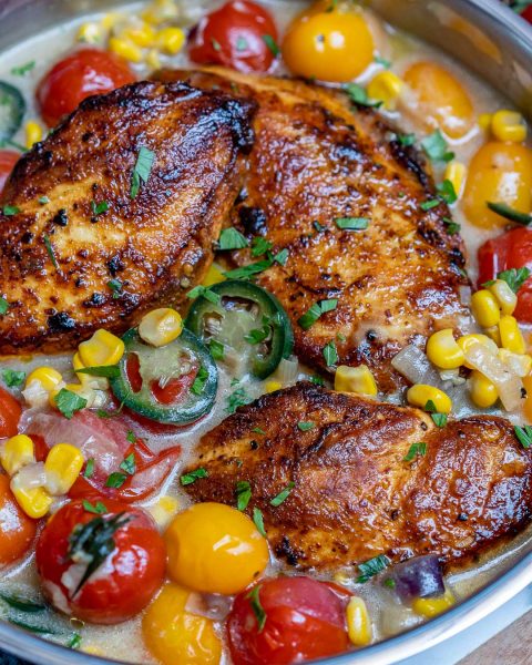 Blackened Chicken with Creamy Corn + Ripe Cherry Tomatoes! | Clean Food ...