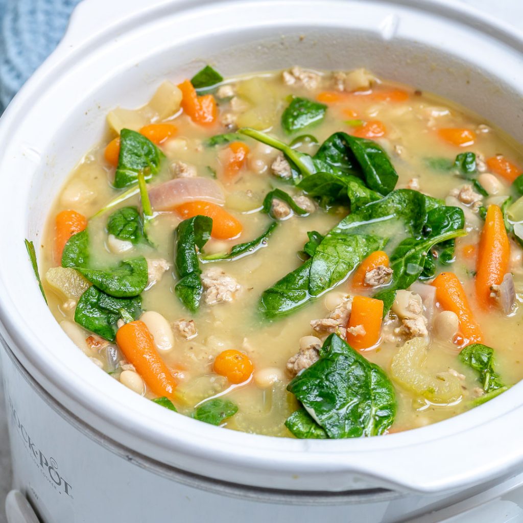Warm up with this Healthy Turkey + Sausage + Spinach + White Bean Soup