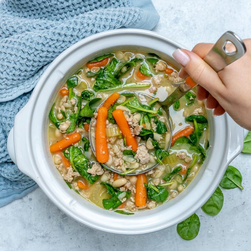 Warm up with this Healthy Turkey + Sausage + Spinach + White Bean Soup! Clean Food Crush