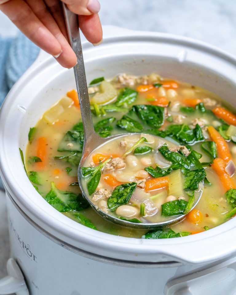 Warm up with this Healthy Turkey + Sausage + Spinach + White Bean Soup! Clean Food Crush