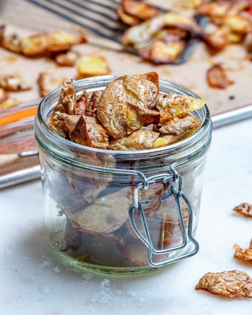Potato skin chips in a small mason jar.