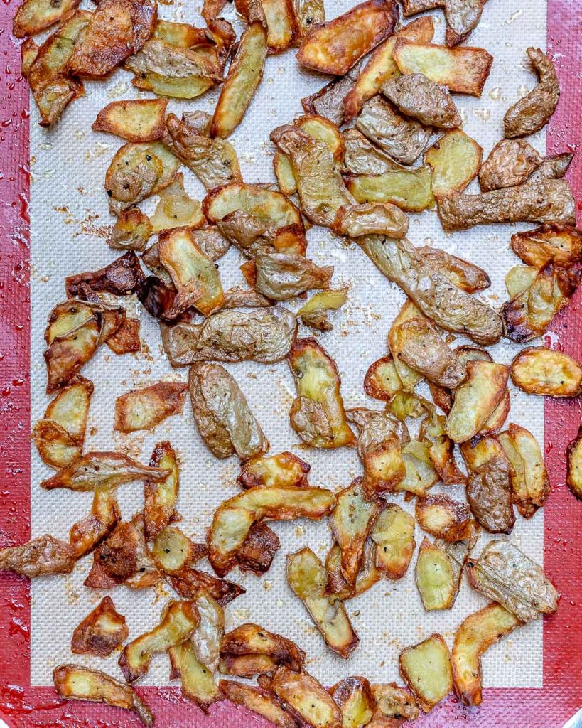 Baked potato peels to make potato skin chips.