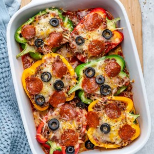 Red, yellow and green peppers stuffed with ground beef, topped with melted cheese, pepperoni, and black olives.
