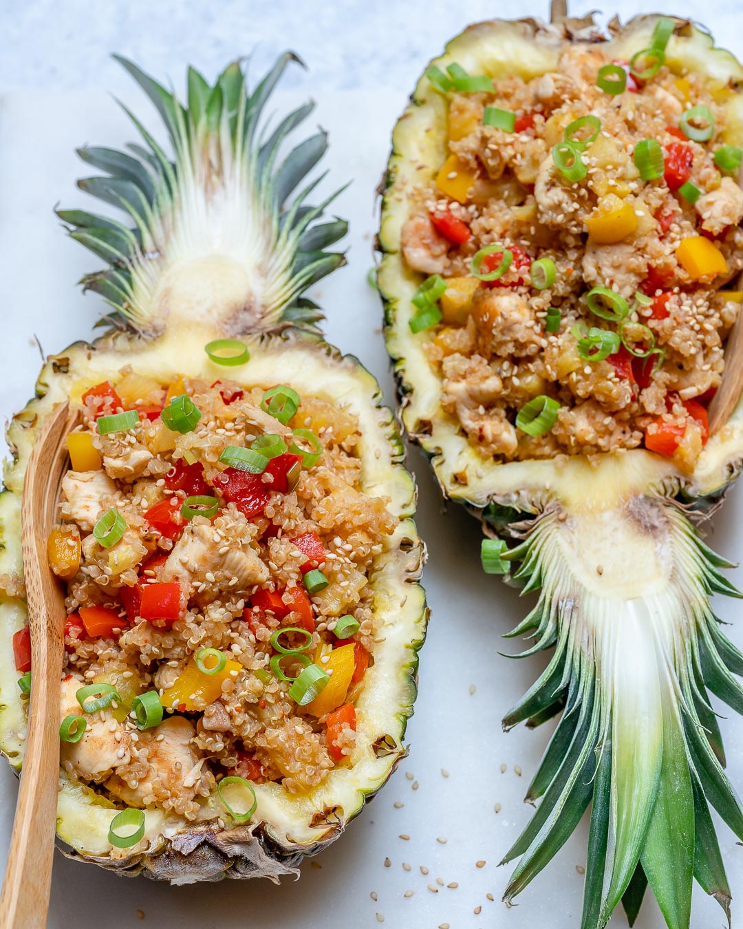 A close up of Pineapple chicken bowls, an easy healthy lunch option.