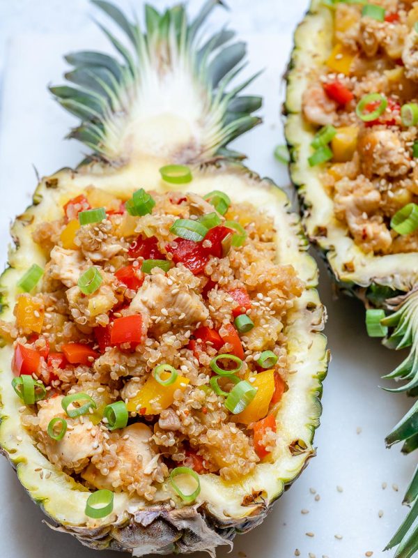 Pineapple chicken bowls; Pineapple chicken stuffed pineapples.