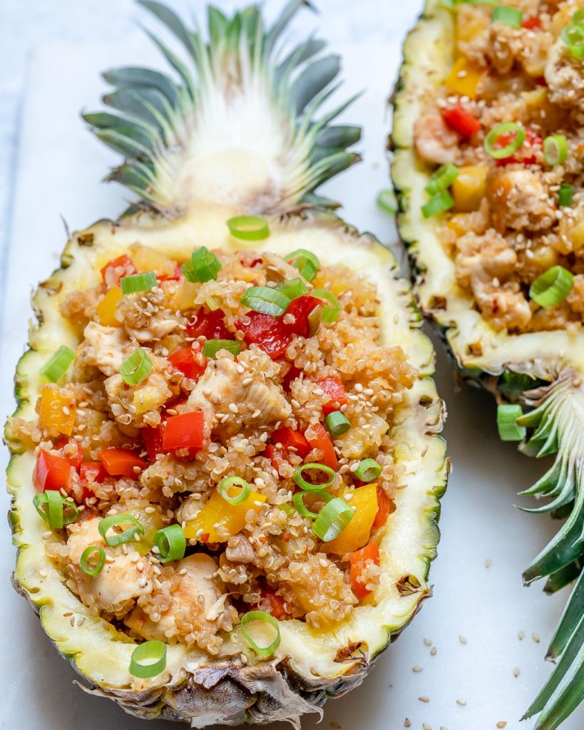 Pineapple chicken bowls; Pineapple chicken stuffed pineapples.