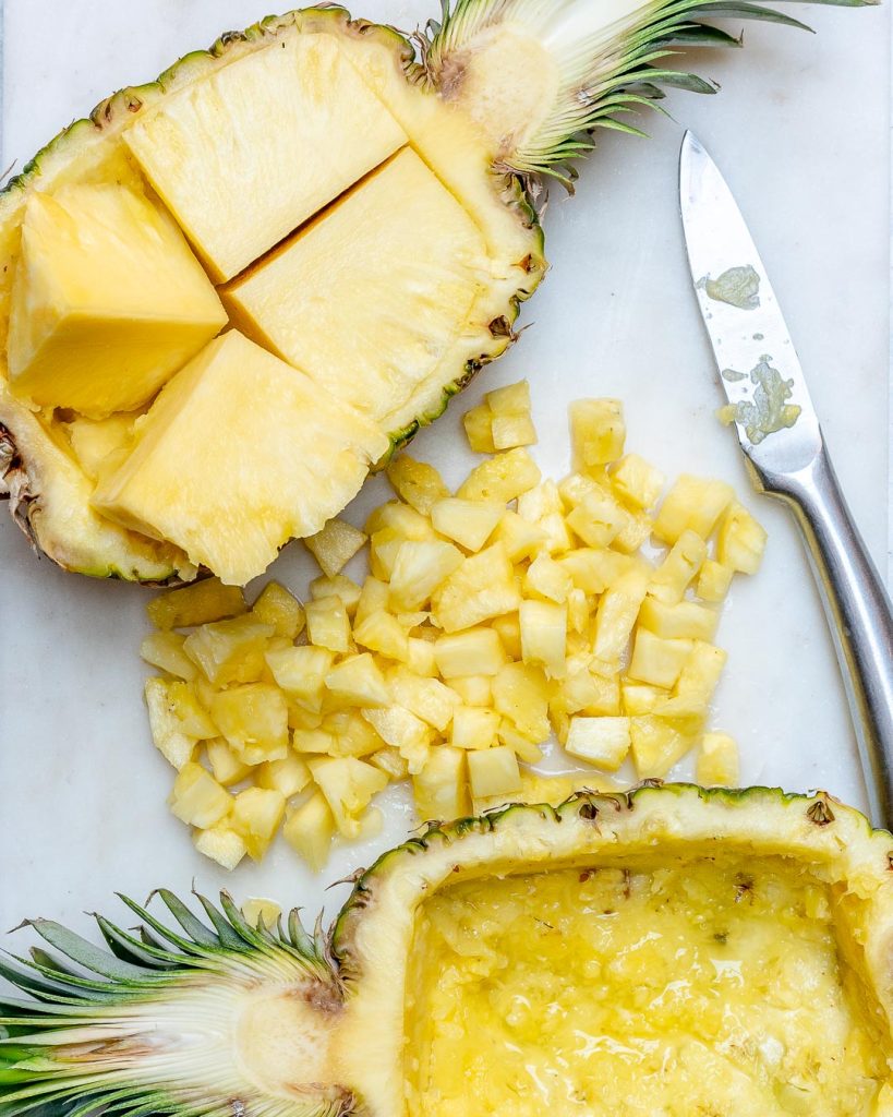 Diced pineapple to make pineapple chicken bowls.