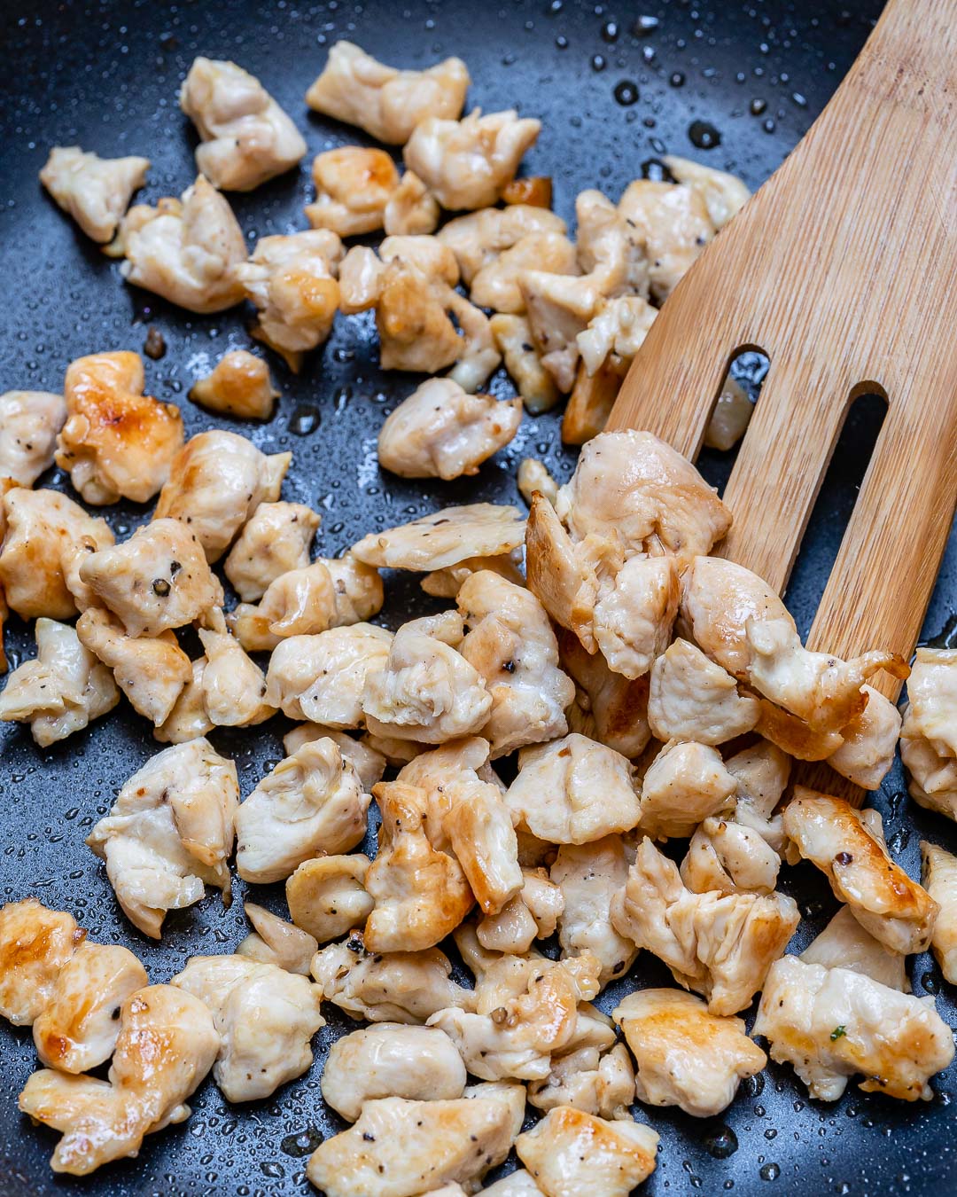 Sautéing chicken to make pineapple chicken bowls for an easy lunch.