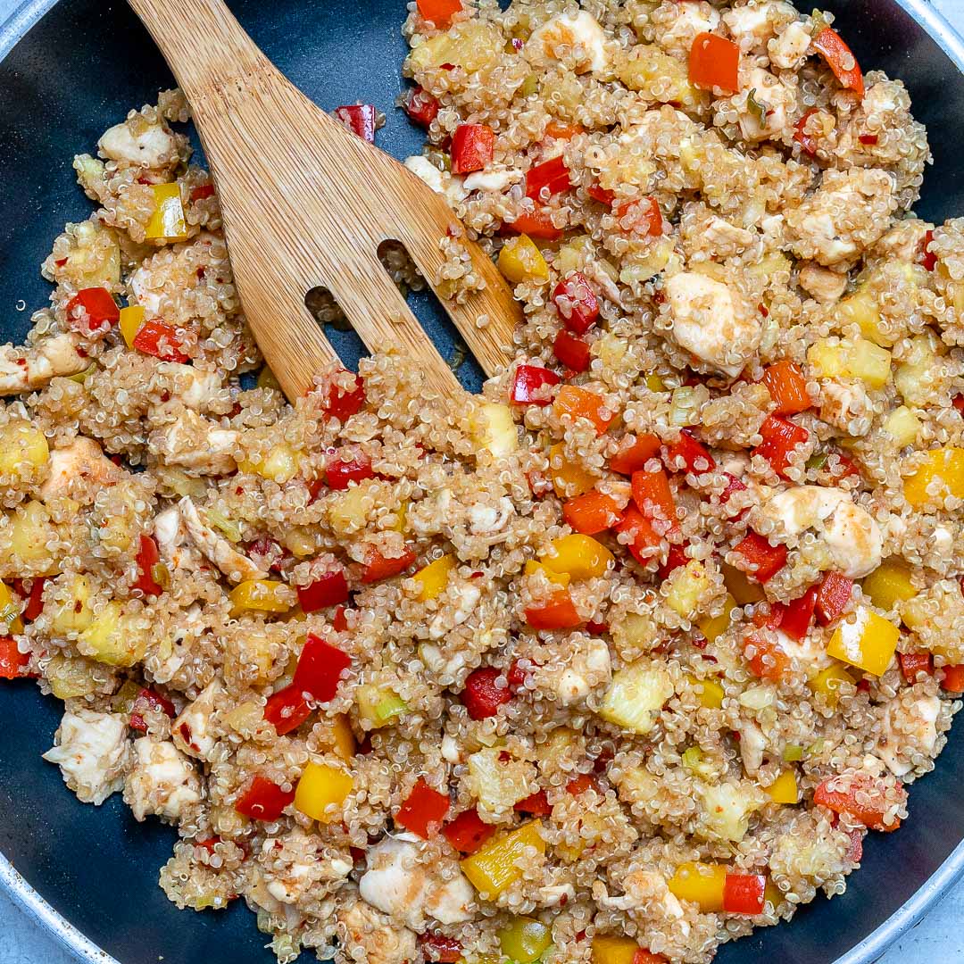 Quinoa added to pineapple chicken bowls for an easy grain bowl lunch.