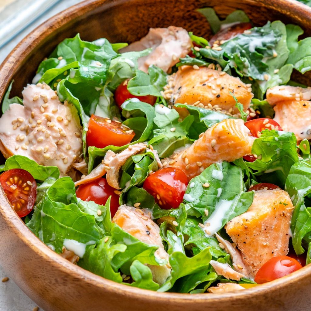 Salmon + Kale Salad with Creamy Tahini Dressing Clean Food Crush