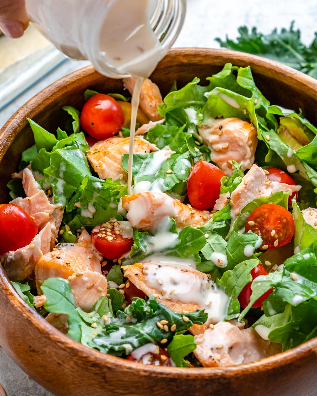 CleanFoodCrush Clean Eating Recipe Salmon Kale Salad with Creamy Tahini Dressing